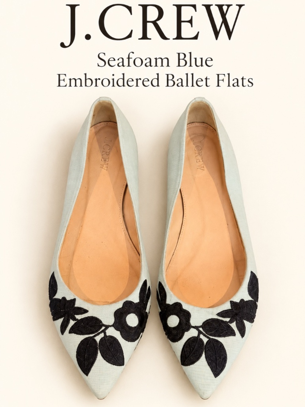 J.Crew Seafoam Blue Embroidered Pointed-Toe Ballet Flats Size 10
